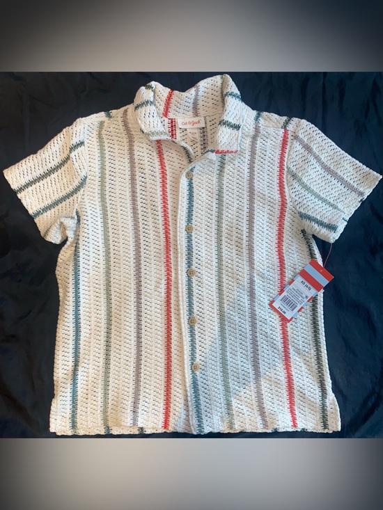 Cat & Jack Other - Cat & Jack Cream Knit Short-Sleeve Button-Up with Red and Green Stripes